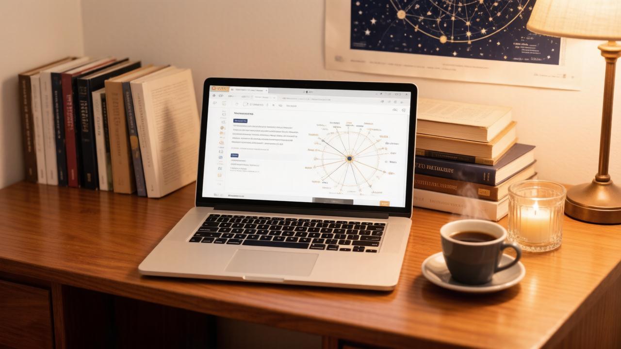 Рабочий стол с ноутбуком, книгами и свечой — иллюстрация к астрологическому прогнозу на 9 августа.